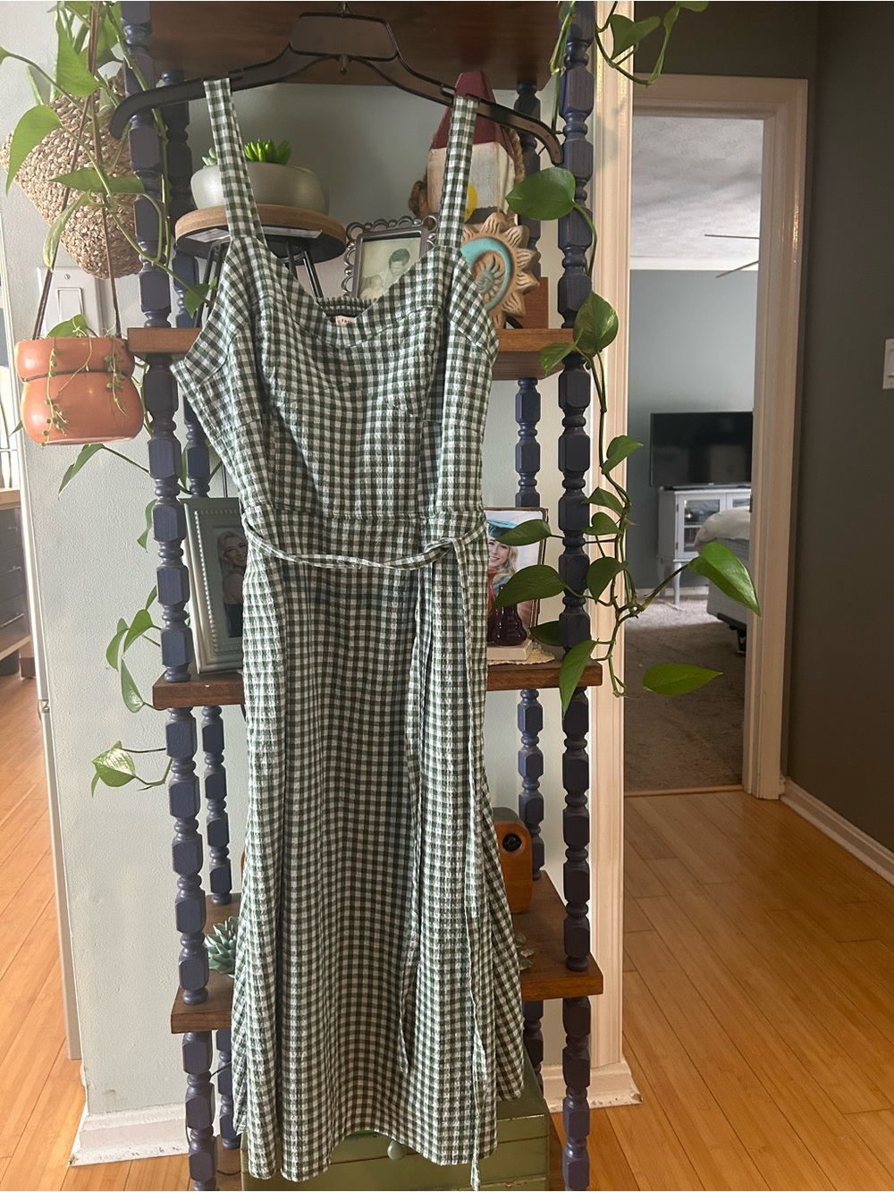 Green Gingham Tie-Waist Midi Dress — Women’s Summer Sundress